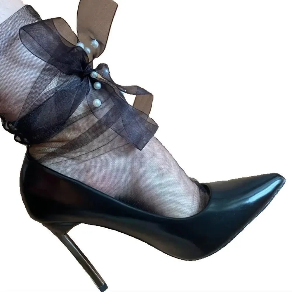 Black Mesh Pearl Ankle Wrap Socks NWT